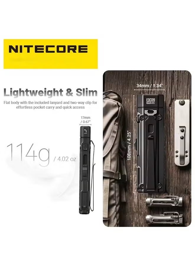 نايت كور مصباح يدوي NITECORE EDC09 للاستخدام اليومي، يتميز بمؤشر تجسيد لوني عالٍ، وثلاث درجات حرارة لونية قابلة للتعديل حتى 102 درجة، ومنفذ USB-C قابل لإعادة الشحن، وبطارية ليثيوم أيون مدمجة. - Image 4